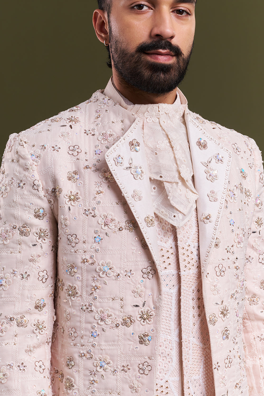 Peach Satin Organza Embellished Men's Kurta with Jacket