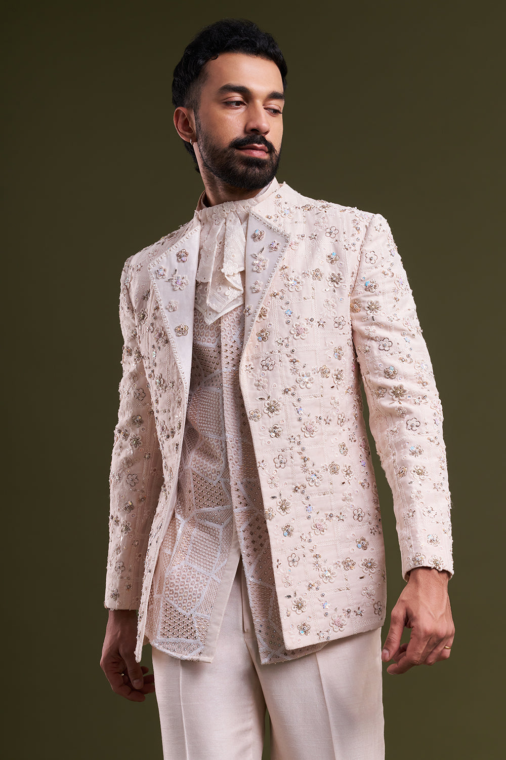 Peach Satin Organza Embellished Men's Kurta with Jacket