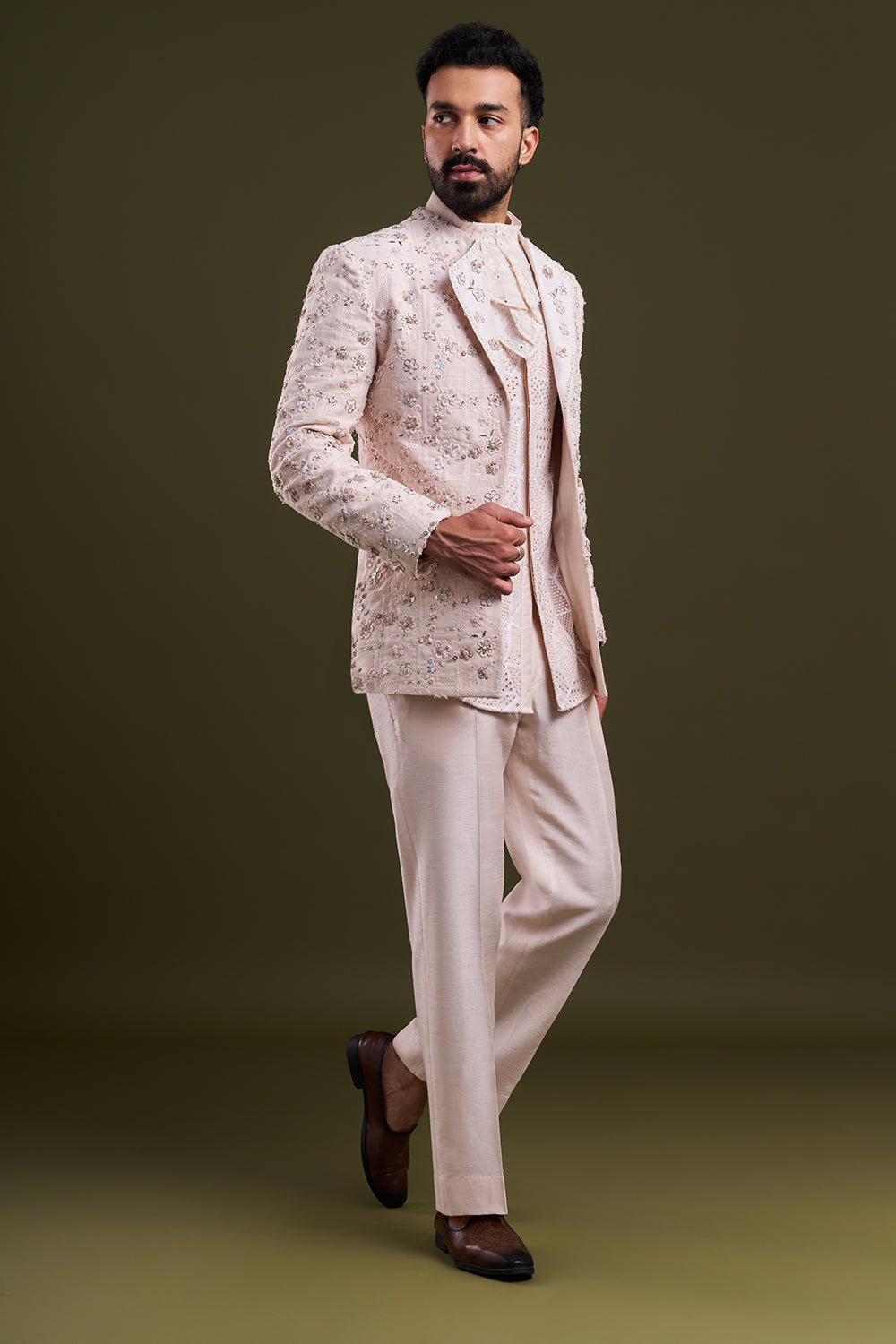 Peach Satin Organza Embellished Men's Kurta with Jacket