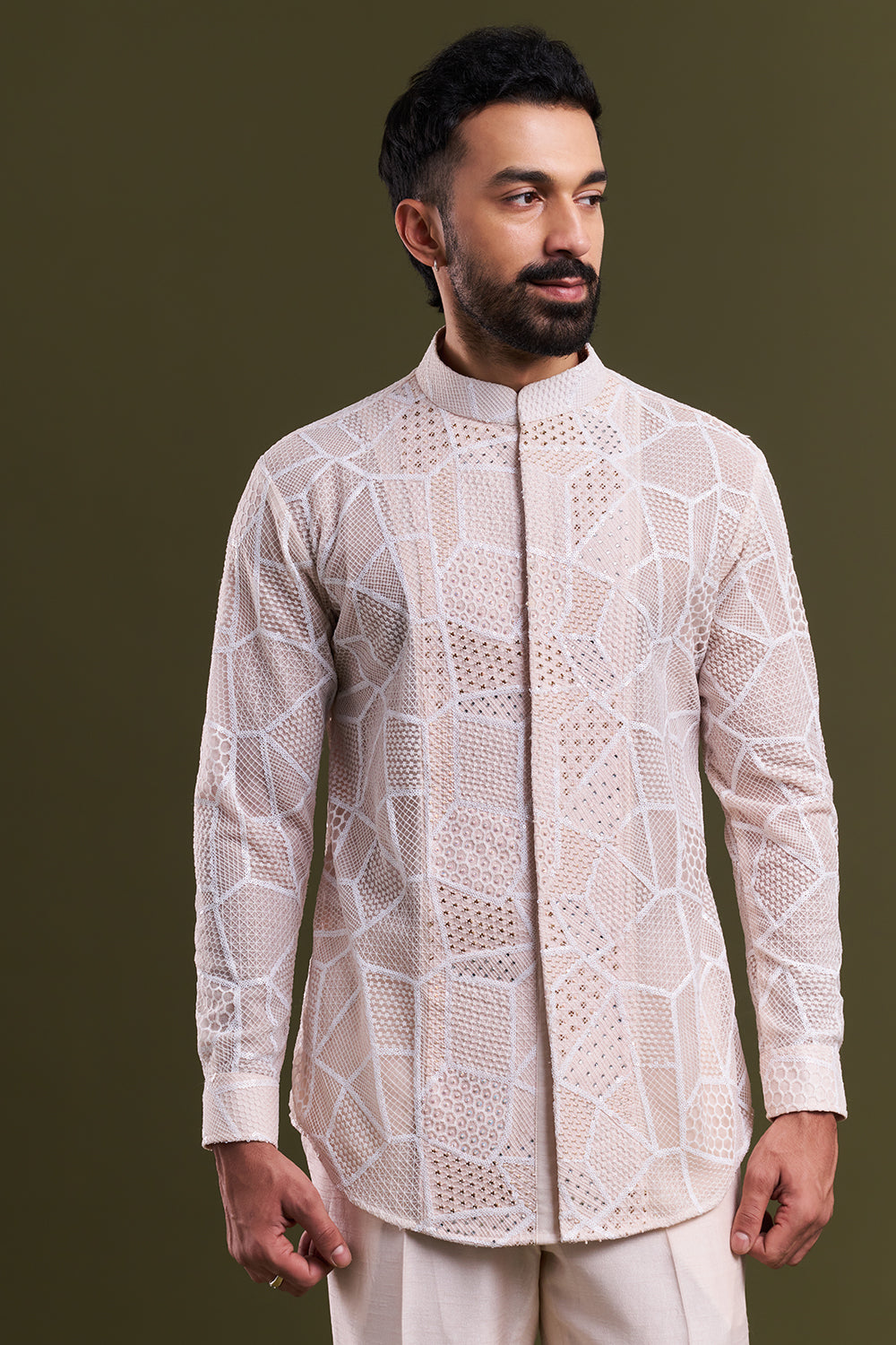Peach Satin Organza Embellished Men's Kurta with Jacket