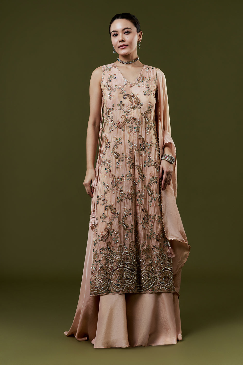 Peach Shimmer Tissue Palazzo Suits With Resham and Cutdana Work