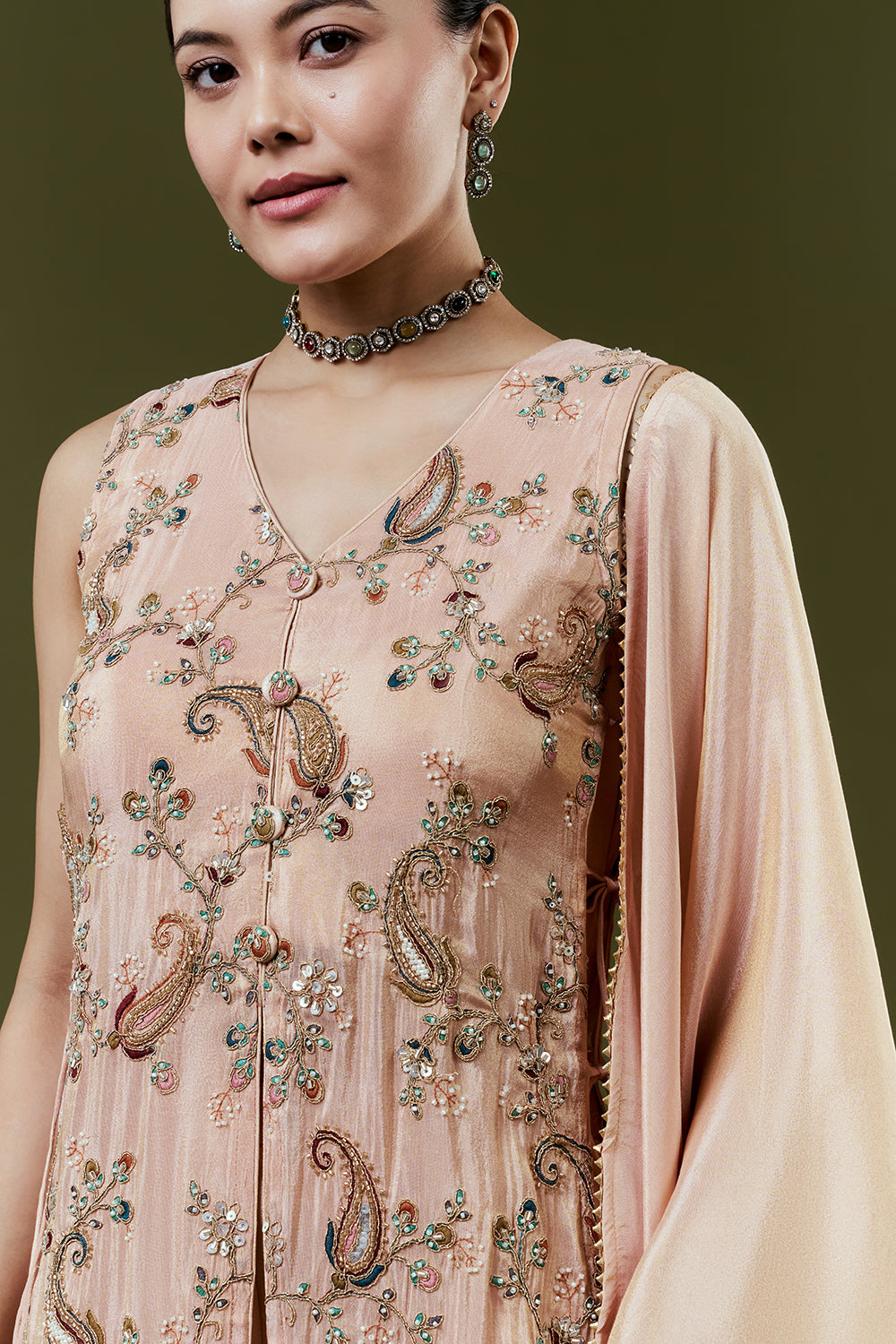 Peach Shimmer Tissue Palazzo Suits With Resham and Cutdana Work