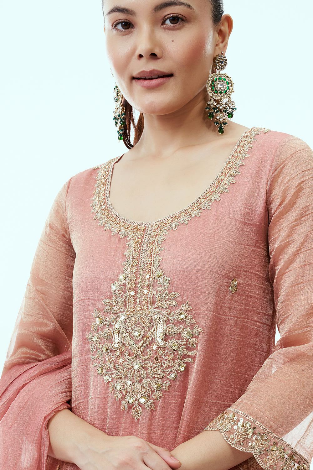 Peach Tissue Kurta Set with Aari Embroidery