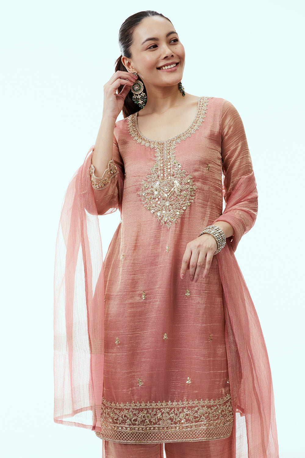 Peach Tissue Kurta Set with Aari Embroidery