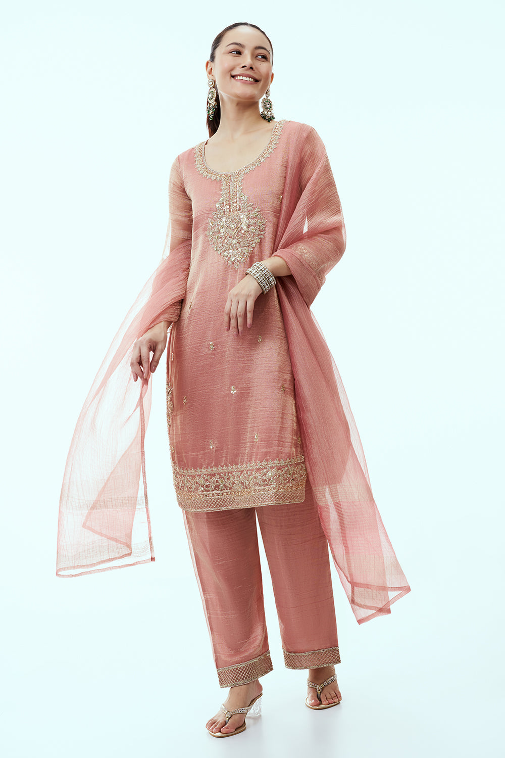Peach Tissue Kurta Set with Aari Embroidery