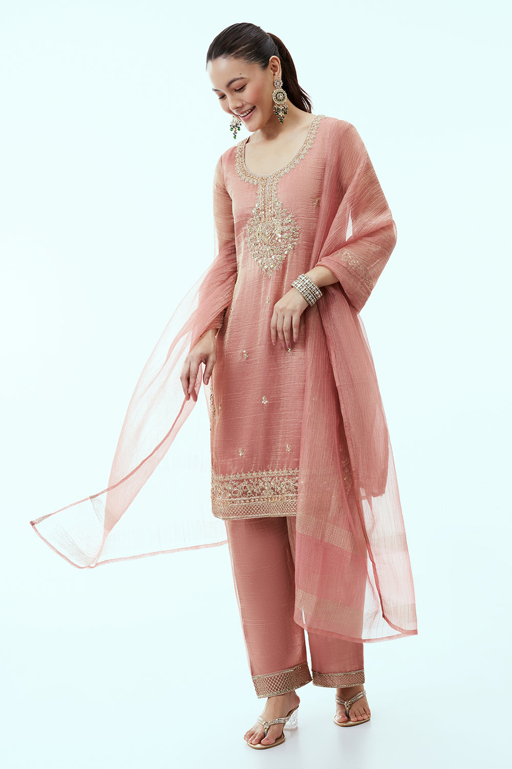 Peach Tissue Kurta Set with Aari Embroidery