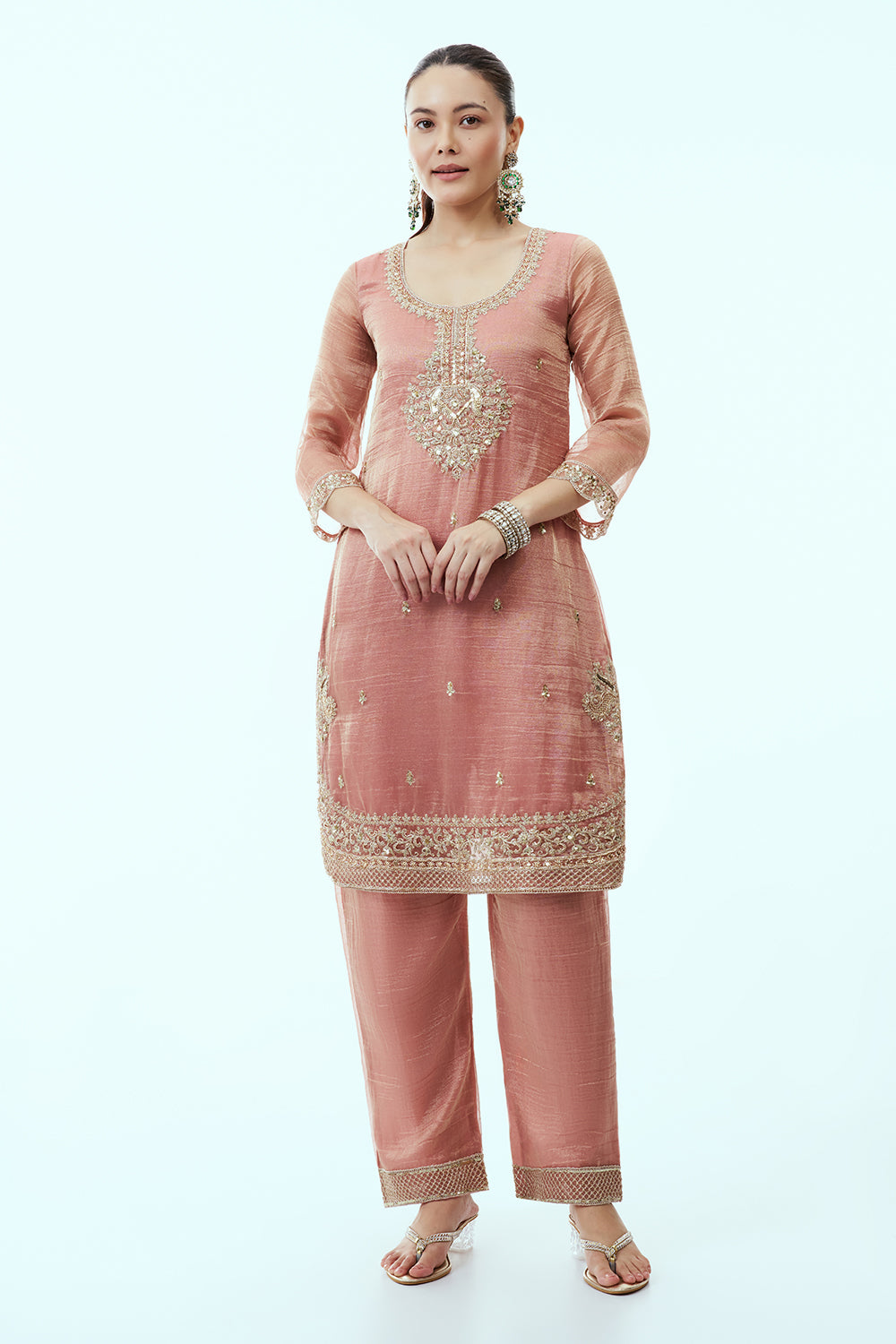 Peach Tissue Kurta Set with Aari Embroidery