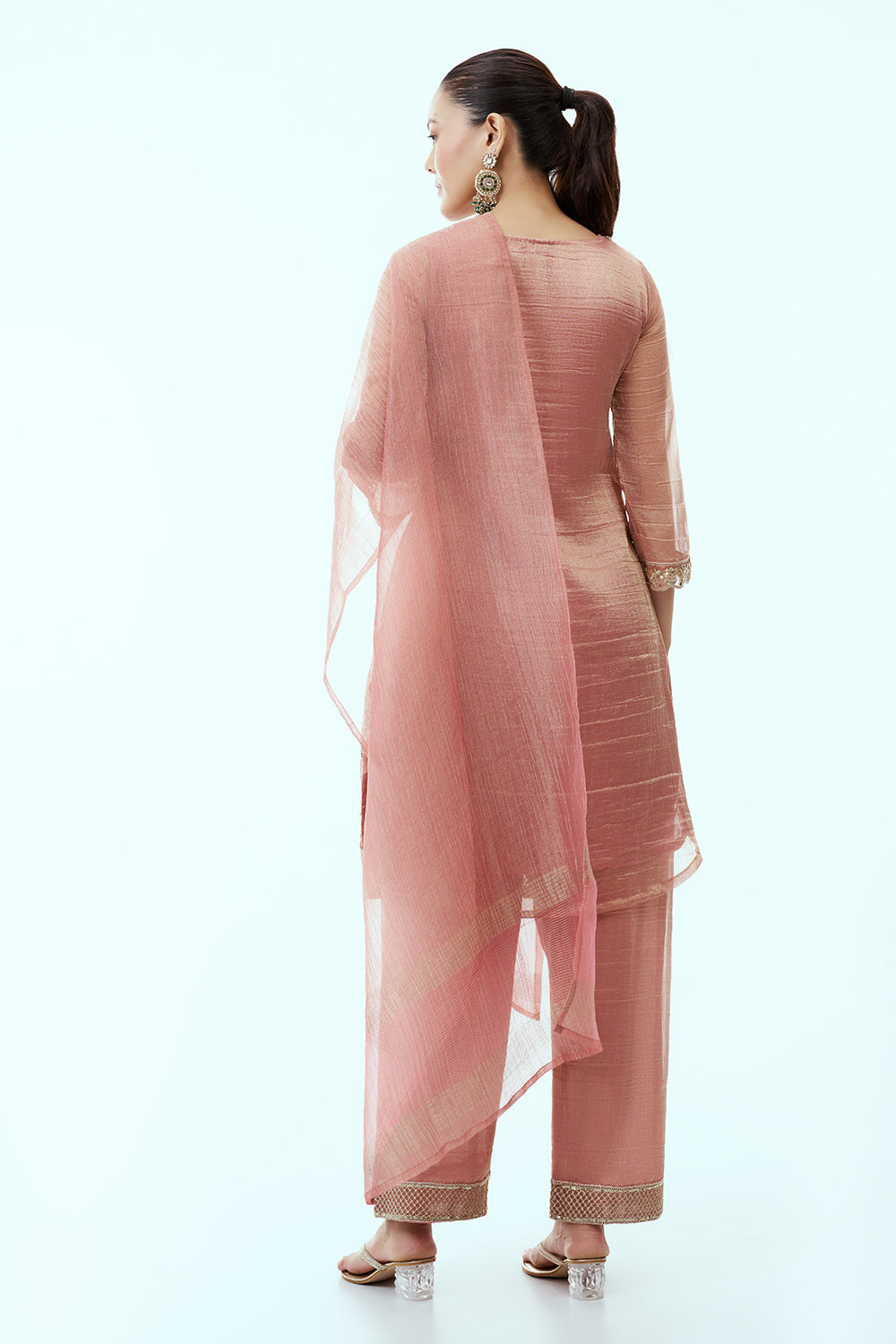 Peach Tissue Kurta Set with Aari Embroidery