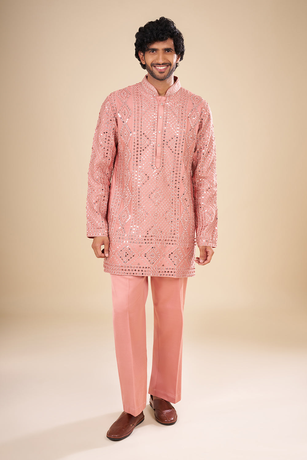 Peach Silk Kurta Set with Mirror Embroidery