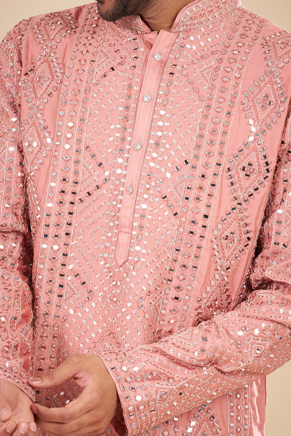 Peach Silk Kurta Set with Mirror Embroidery