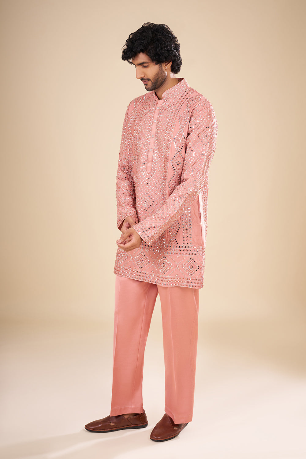 Peach Silk Kurta Set with Mirror Embroidery