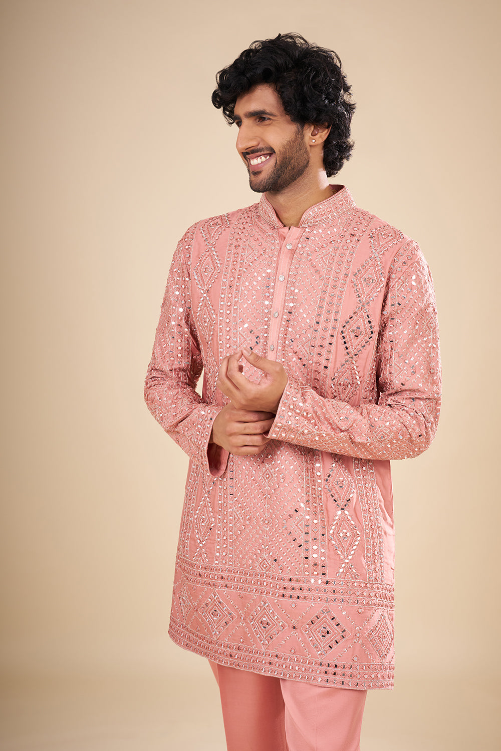 Peach Silk Kurta Set with Mirror Embroidery