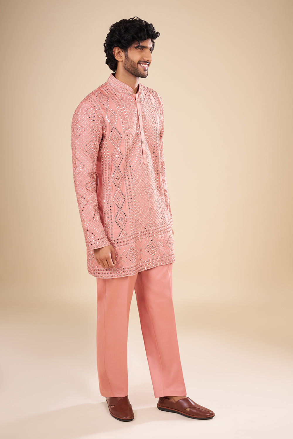 Peach Silk Kurta Set with Mirror Embroidery