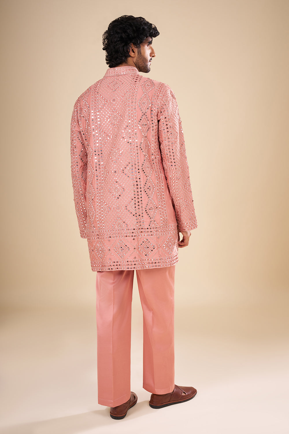 Peach Silk Kurta Set with Mirror Embroidery