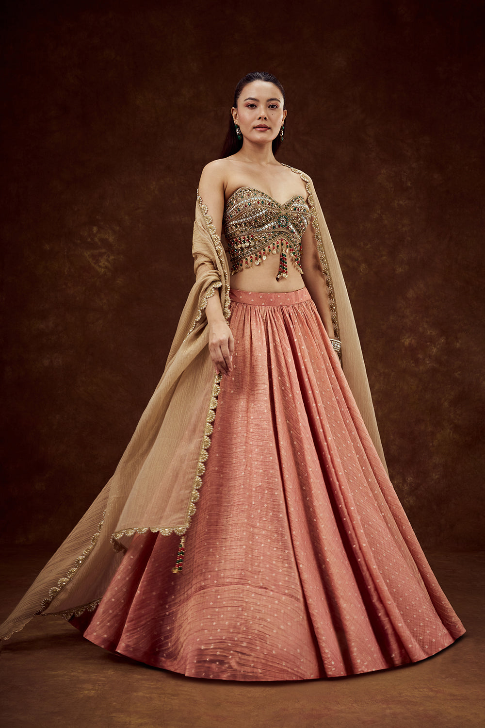 Peach Tissue Lehenga with Mirror and Tassel Work