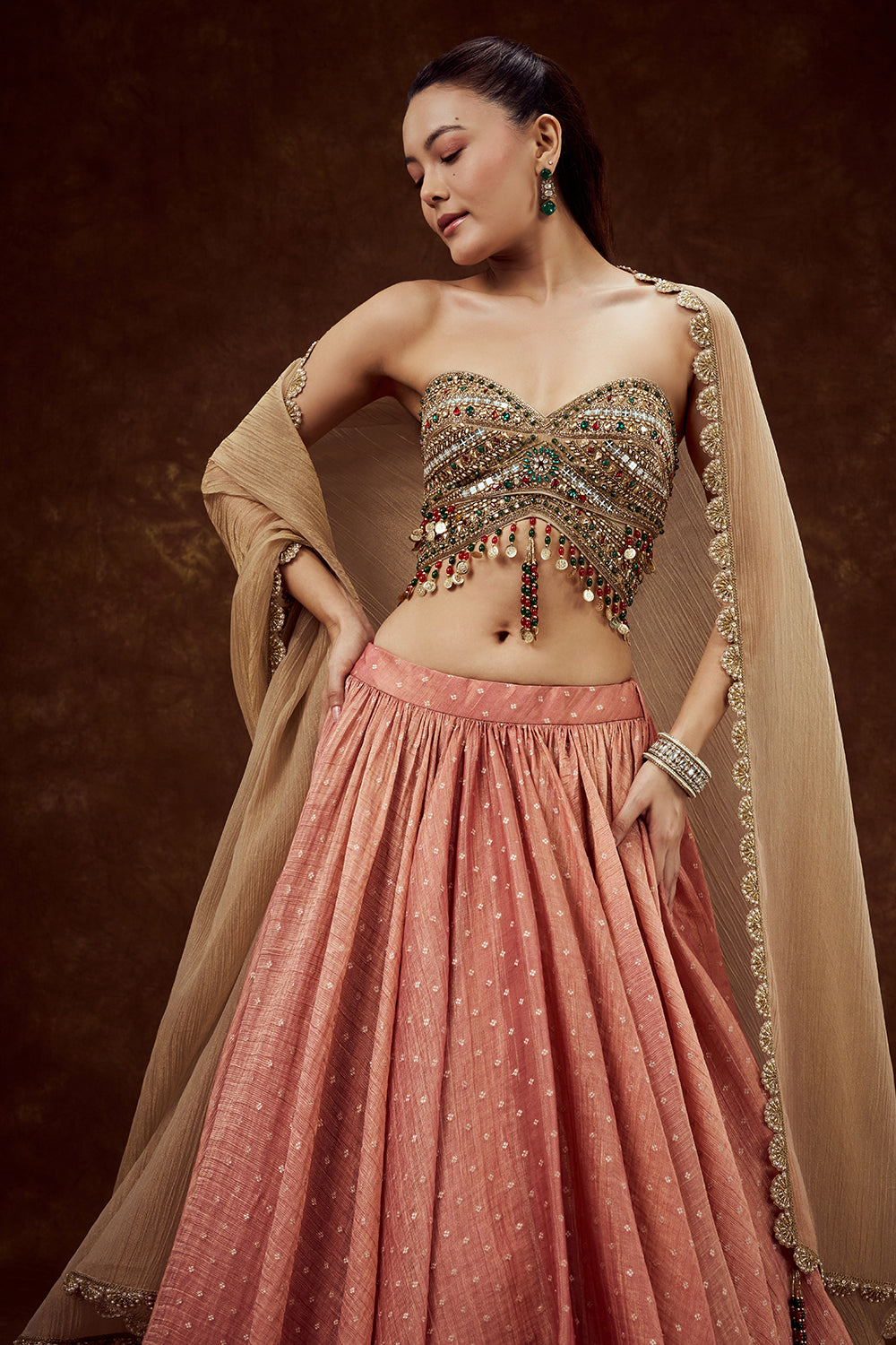 Peach Tissue Lehenga with Mirror and Tassel Work