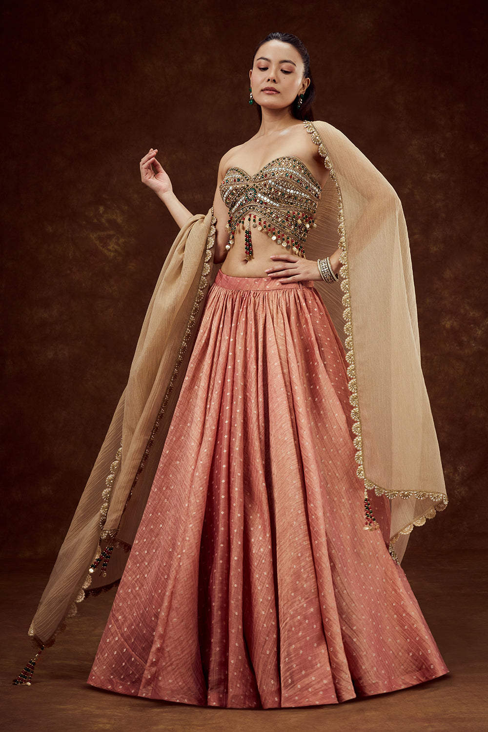 Peach Tissue Lehenga with Mirror and Tassel Work