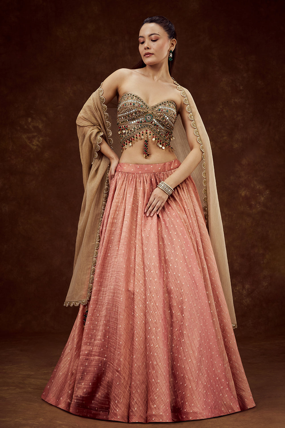 Peach Tissue Lehenga with Mirror and Tassel Work