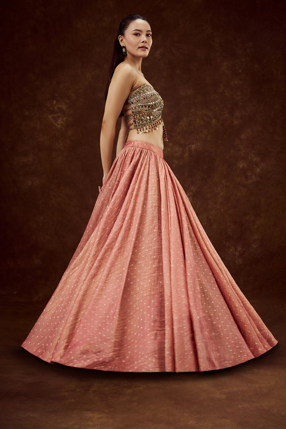 Peach Tissue Lehenga with Mirror and Tassel Work