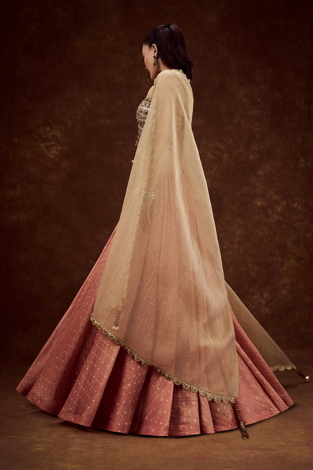 Peach Tissue Lehenga with Mirror and Tassel Work