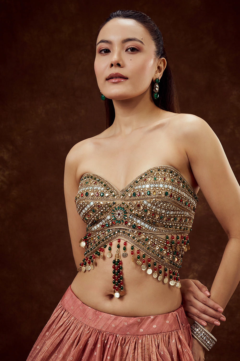 Peach Tissue Lehenga with Mirror and Tassel Work