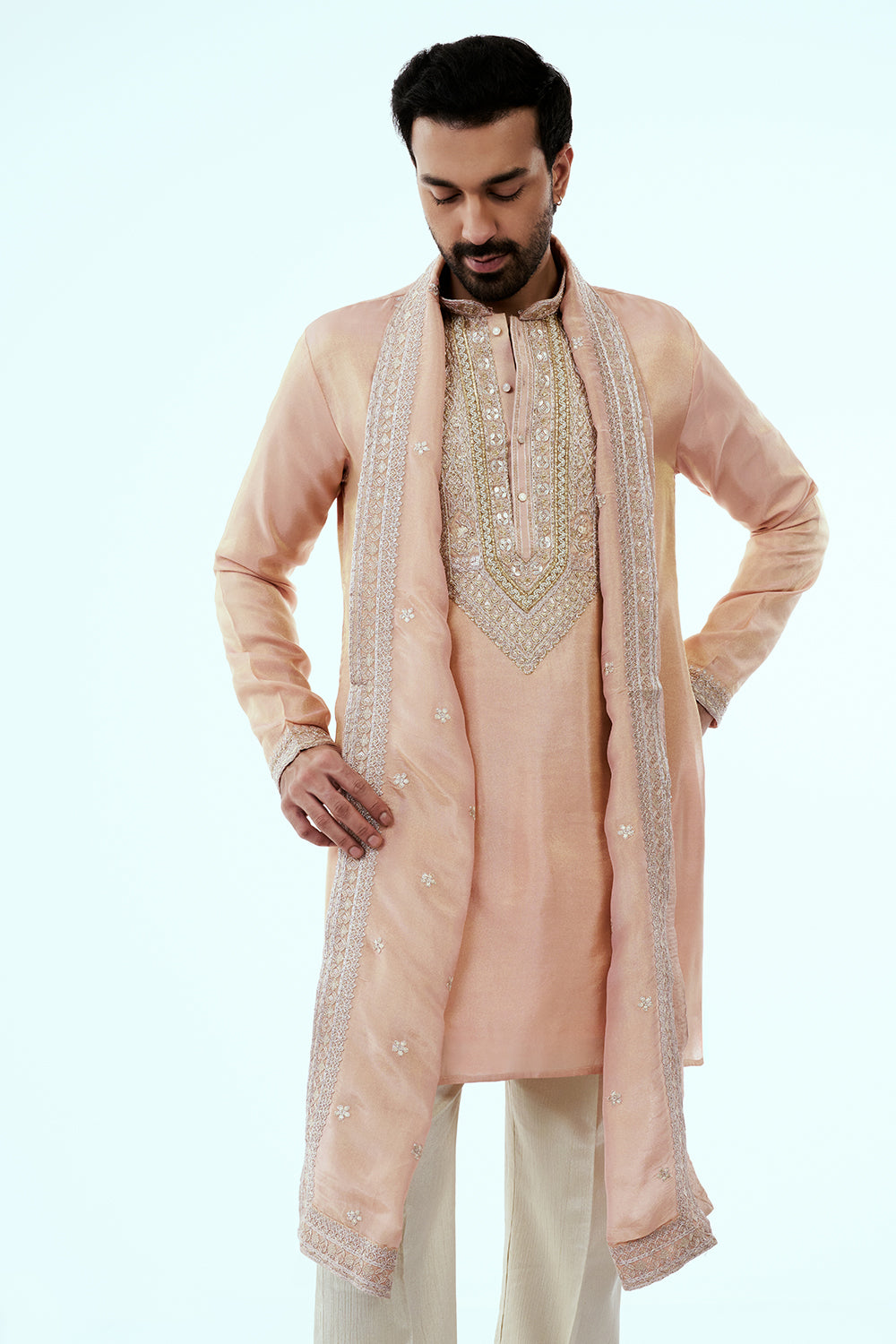 Peach Tissue Mens Kurta Set in Dori Work with Dupatta