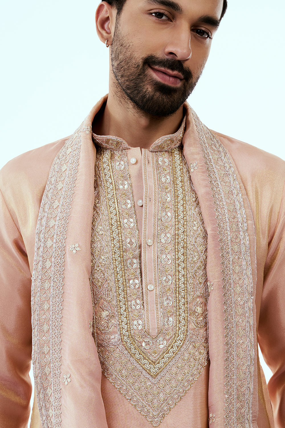 Peach Tissue Mens Kurta Set in Dori Work with Dupatta