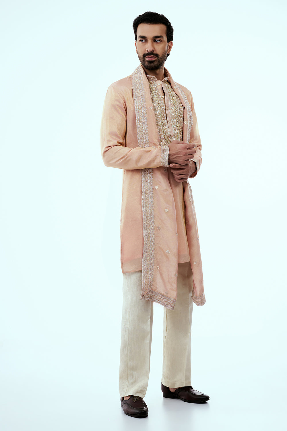 Peach Tissue Mens Kurta Set in Dori Work with Dupatta