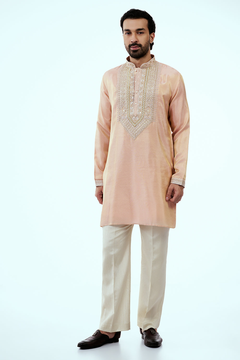 Peach Tissue Mens Kurta Set in Dori Work with Dupatta