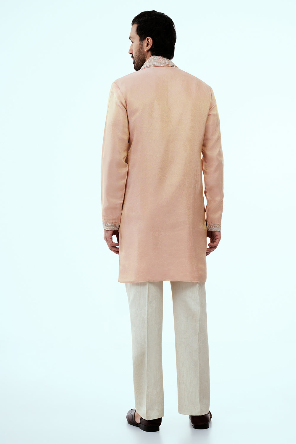 Peach Tissue Mens Kurta Set in Dori Work with Dupatta