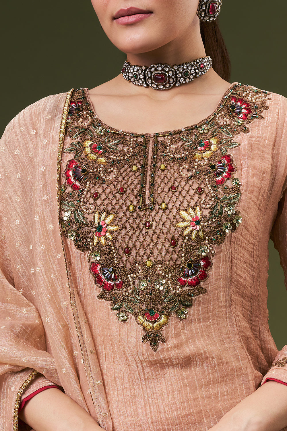 Peach Tissue Salwar Kameez with Thread and Zari Work