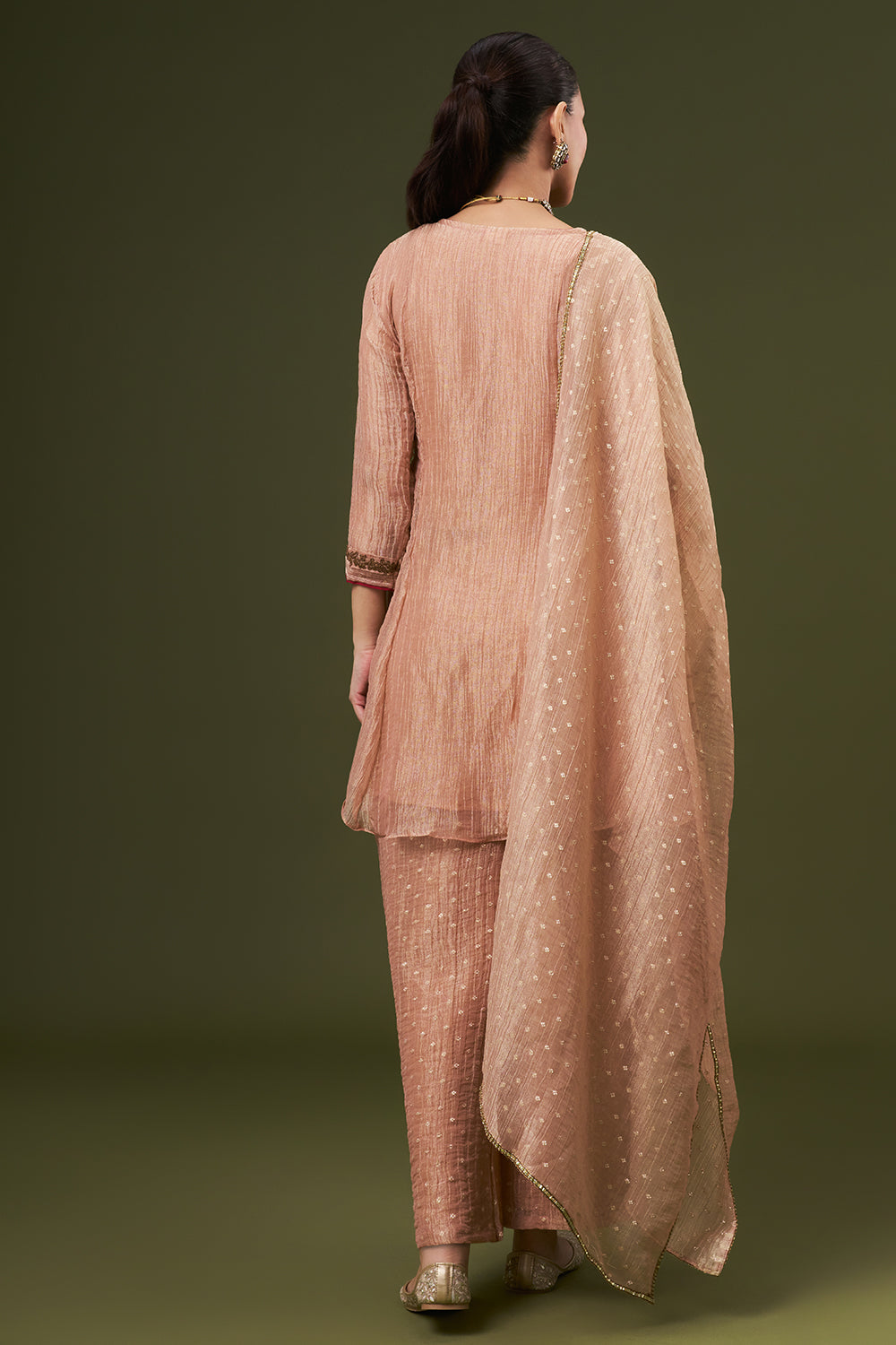 Peach Tissue Salwar Kameez with Thread and Zari Work