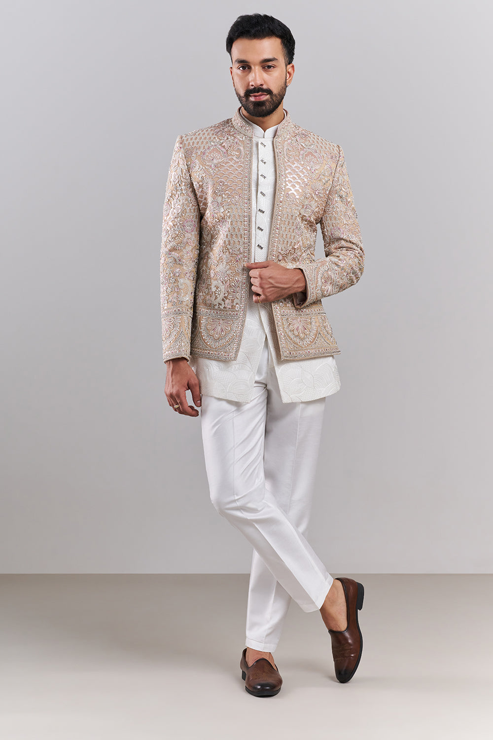 Peach Tissue Silk Embroidered Men’s Indo-Western Set