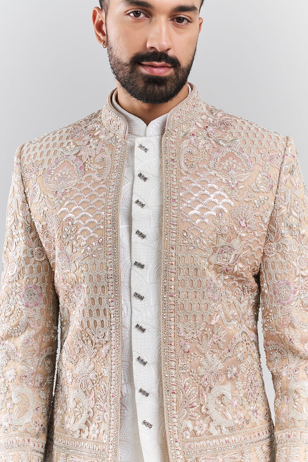 Peach Tissue Silk Embroidered Men’s Indo-Western Set