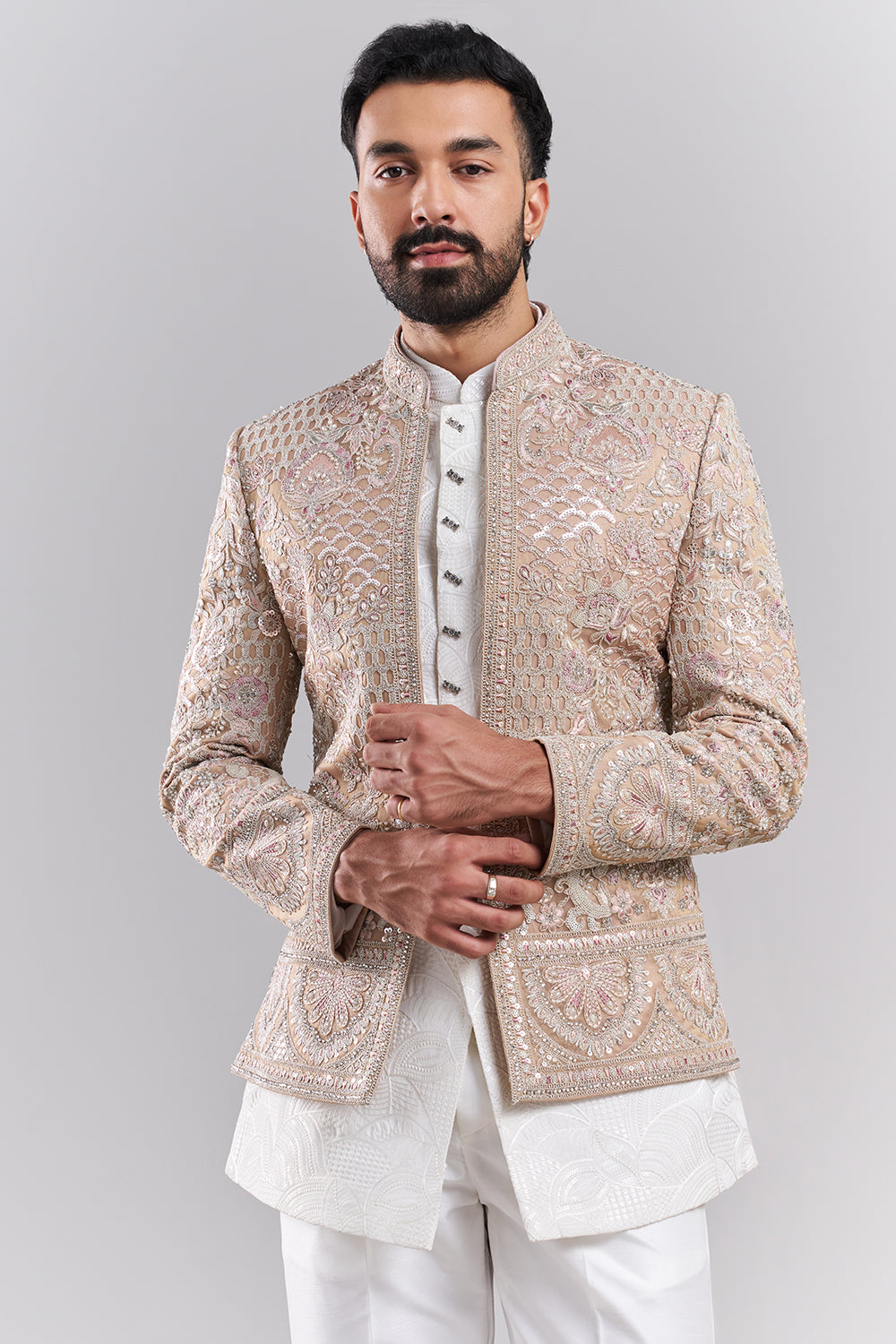 Peach Tissue Silk Embroidered Men’s Indo-Western Set