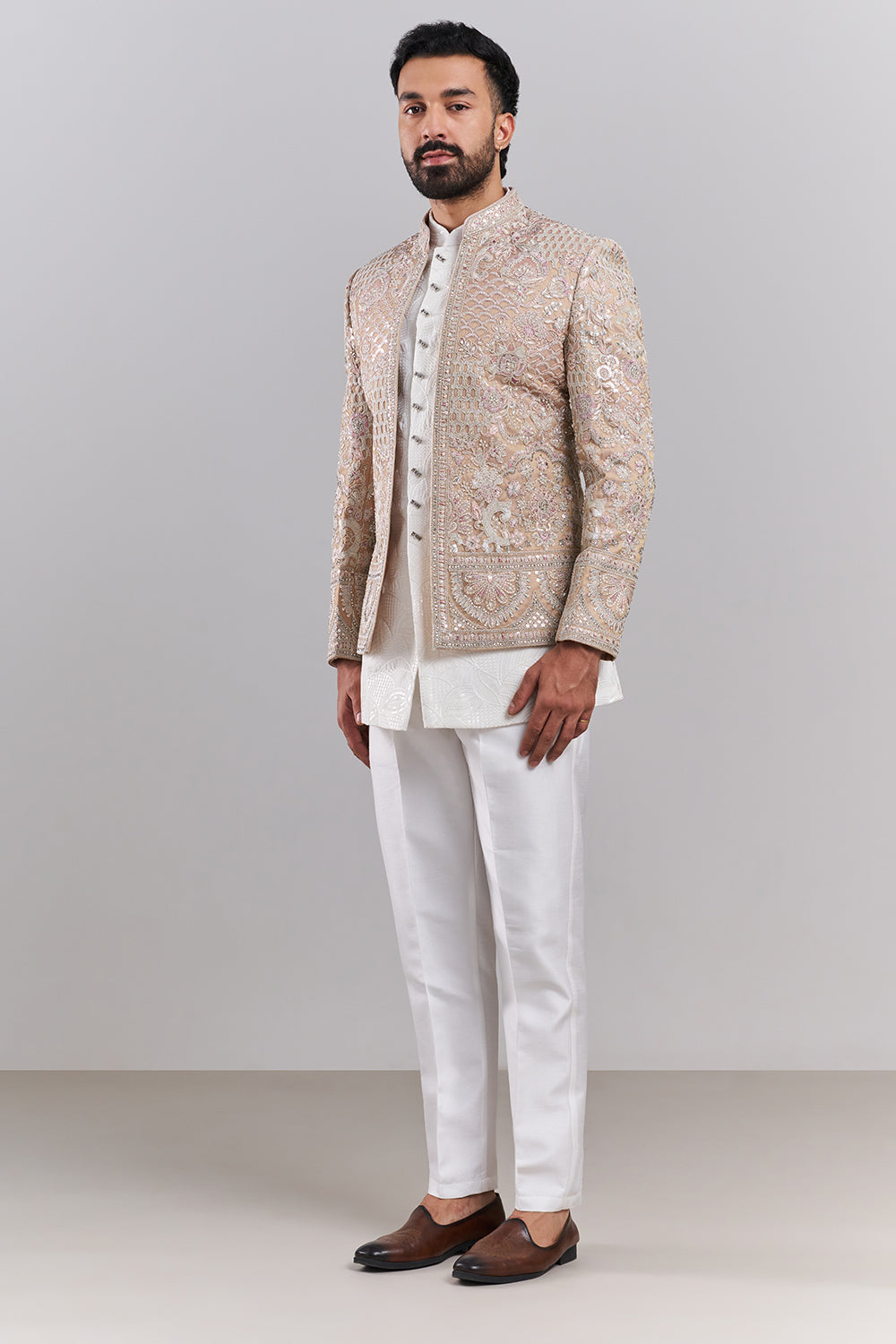 Peach Tissue Silk Embroidered Men’s Indo-Western Set
