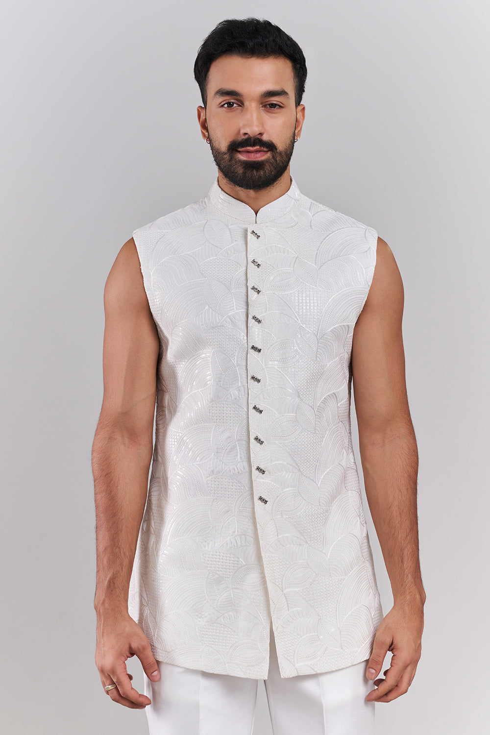 Peach Tissue Silk Embroidered Men’s Indo-Western Set