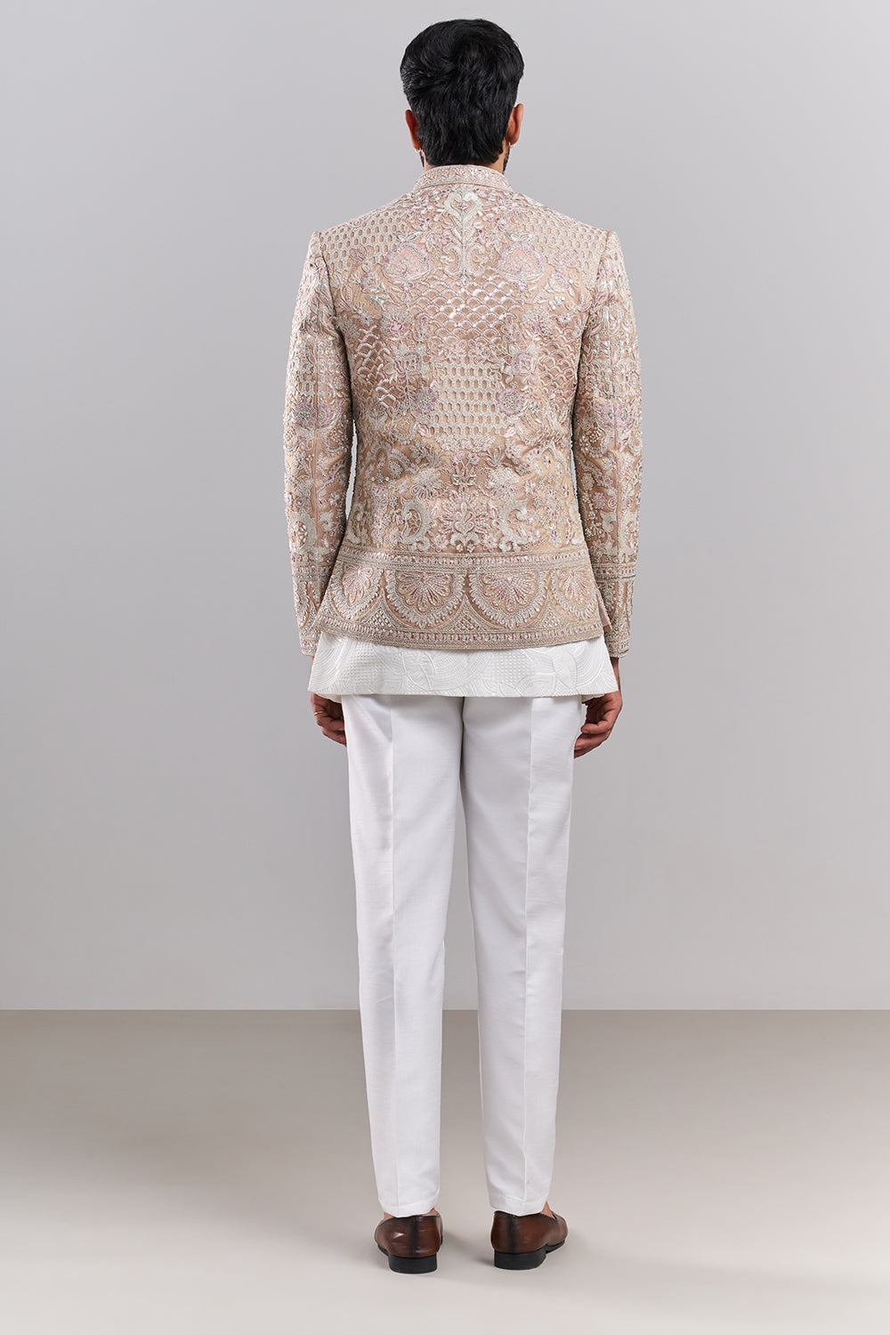 Peach Tissue Silk Embroidered Men’s Indo-Western Set