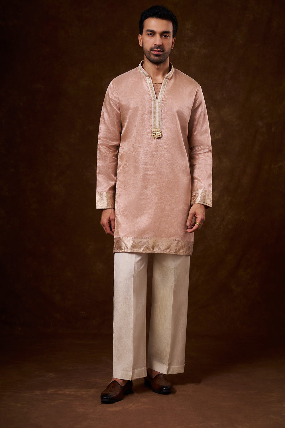 Peach Tissue Silk Men's Kurta Set with Lace Detailing