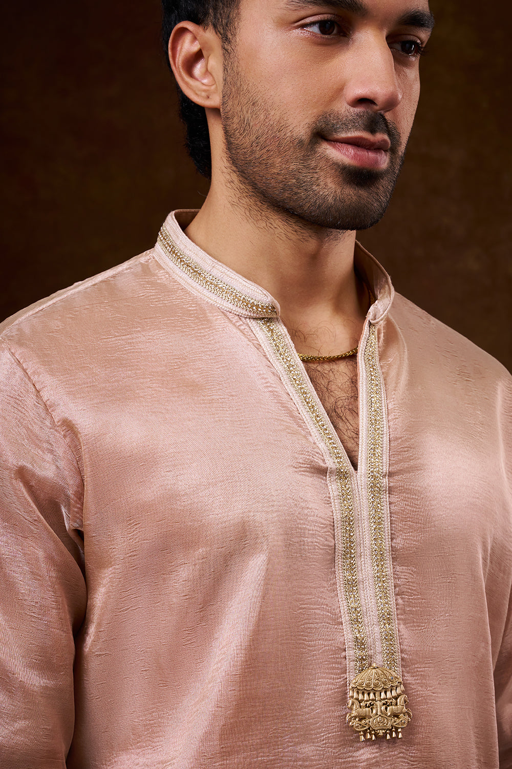 Peach Tissue Silk Men's Kurta Set with Lace Detailing
