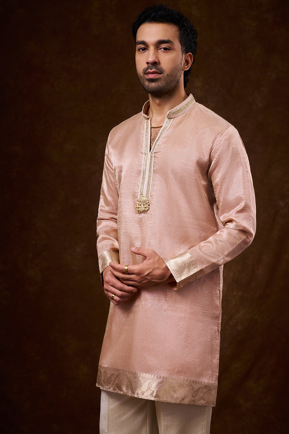 Peach Tissue Silk Men's Kurta Set with Lace Detailing