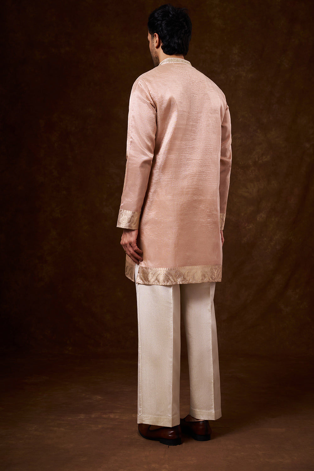 Peach Tissue Silk Men's Kurta Set with Lace Detailing