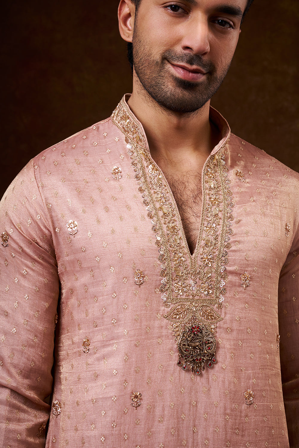 Peach Tissue Silk Men's Kurta Set with Zari Work