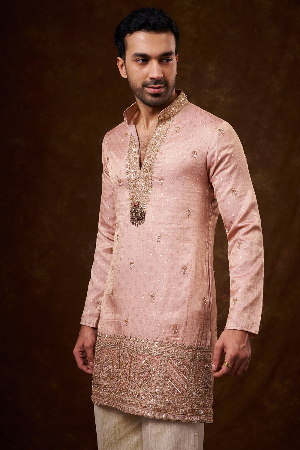 Peach Tissue Silk Men's Kurta Set with Zari Work