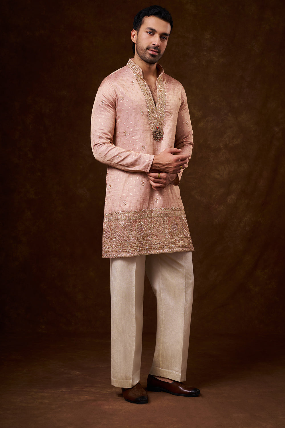 Peach Tissue Silk Men's Kurta Set with Zari Work