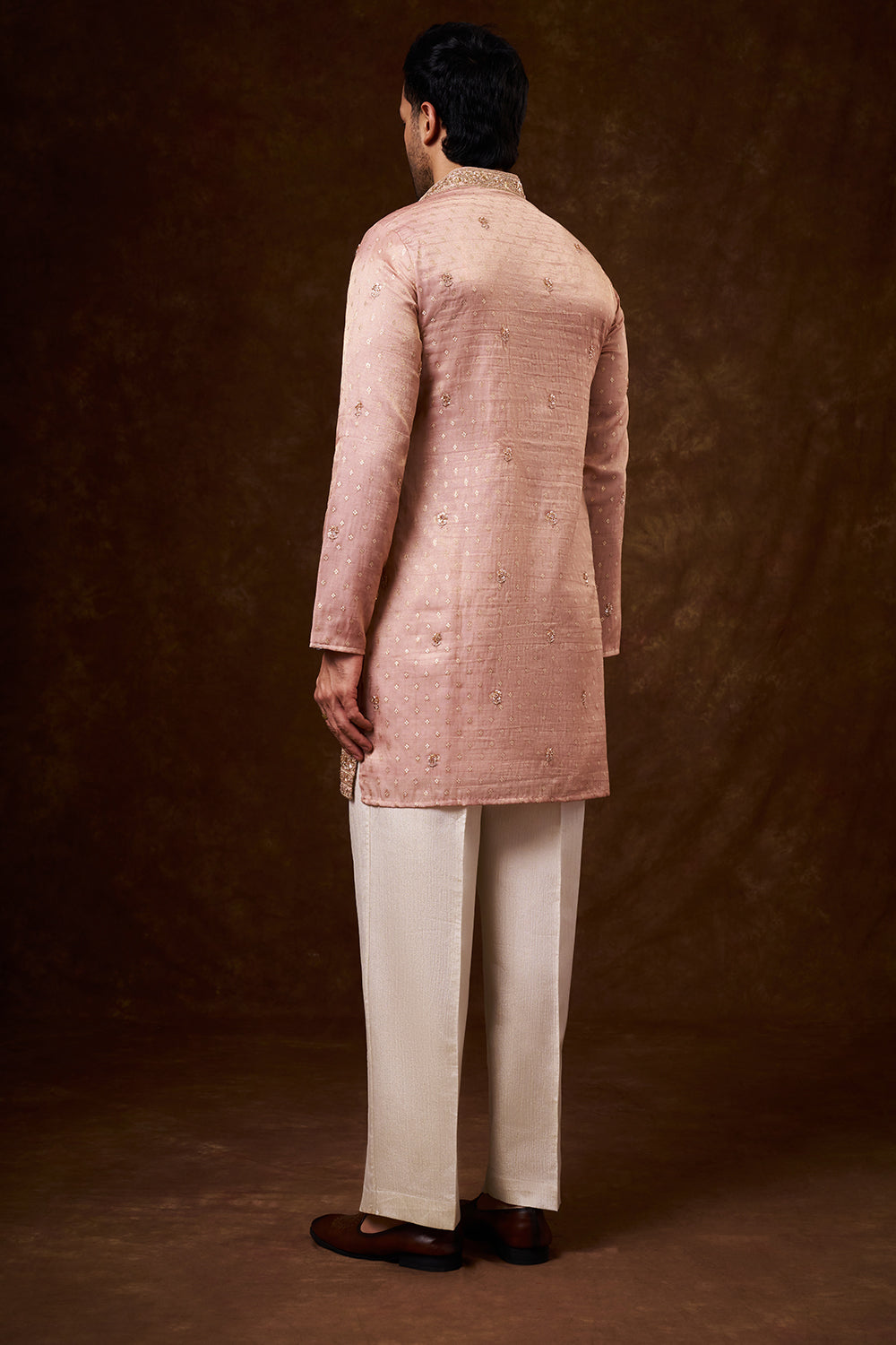 Peach Tissue Silk Men's Kurta Set with Zari Work