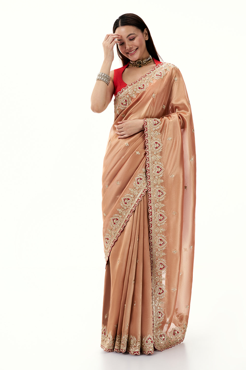 Peach Tissue Silk Saree with Sequin and Zari Work