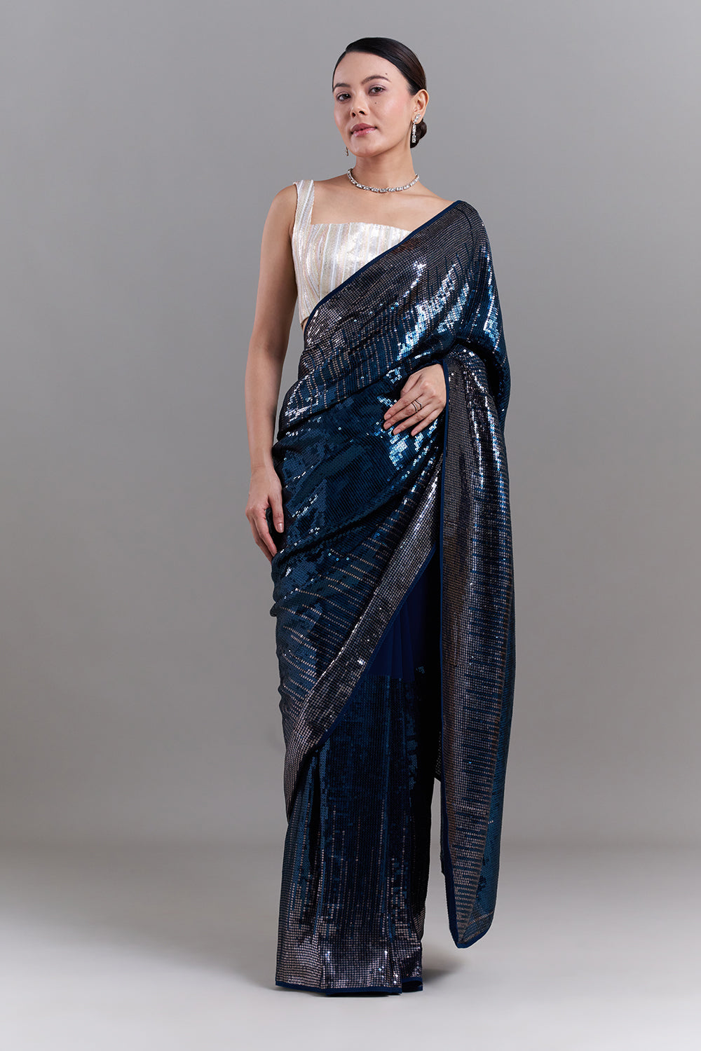 Peacock Blue Georgette Saree with Sequin Detailing