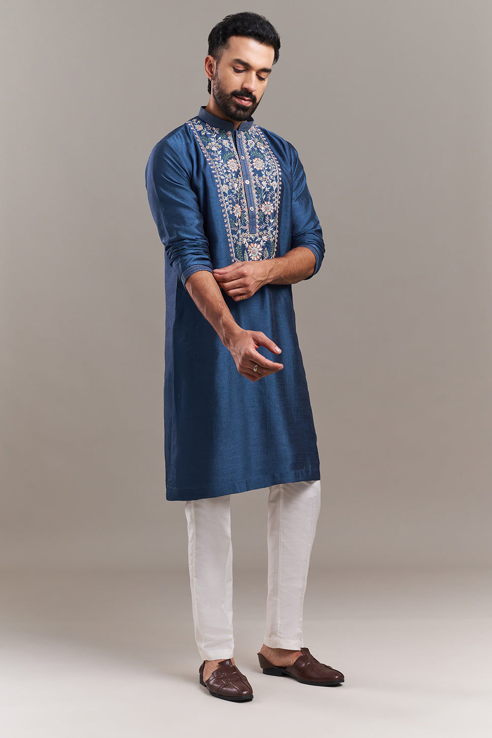 Peacock Blue Nokia Silk Floral Yoke Men's Kurta Set