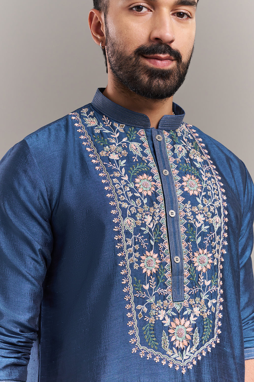 Peacock Blue Nokia Silk Floral Yoke Men's Kurta Set